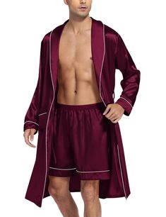 PRICES MAY VARY. Premium Fabric: Mens silk satin robe sets are made of 95% Polyester, 5% Spandex high-quality imitation silk fabric, which is lightweight, soft, breathable, smooth and skin-friendly Classic Design: Classical kimono shawl collar bathrobe with shorts set included a knee-length, shawl collar long sleeve robe with two front pockets, ideal for you to take small objects like cellphones and key rings; adjustable/removable belt and inside ties to meet your needs; a pair of shorts with so Silky Robe, Long Sleeve Kimono, Lounge Robes, Giant Inflatable, Satin Material, Shorts Set, Silk Fabric, Nightwear, Night Gown