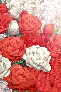 a bunch of red and white roses are in the middle of an image with text overlay