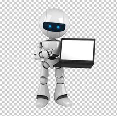 a robot holding a laptop computer with a blank screen on its arm, while standing in front of it