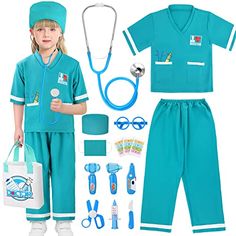 Brand: GIFTINBOXColor: GFeatures: Awesome Doctors Kit For Little Doctors & Nurses- GIFTINBOX Doctor Costume is an awesome toddler costumes. Pretend & Dress as a doctor or nurse will be adored by other kids on any party. Full doctor kit for kids includes a kids Surgical gown, Play Mask, Play Real Stethoscope, Play Otoscope, Play Reflex Hammer, Play Scalpels, Play Thermometer, Eyeglass frame, Play Doctor Hat, Play Doctor Scissors, Play Syringe, Doctor Stick*3, and a Carry Bag.Kids scrubs set - Our doctor costume for kids have 2 size ranges, size M is recommended for kids height 37" -41", and size L is recommended for kids height 42" -46". Medium is fit for 3-4-year-olds, and Large will be better for 5-6 year-olds. With the shirt, pants, cap, and surgical mask, kids will be immersed in the Do Kids Doctor Kit, Doctor Role Play, Doctor Play Set, Surgical Gown, Kids Scrubs, Medical Tools, Doctor Costume, Role Play Costume, Educational Play