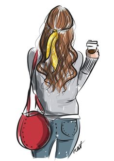 a drawing of a woman holding a cup of coffee and a banana in her hair