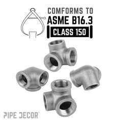 three different types of pipe fittings are shown with the words, comforms to asme b16 3 class 150