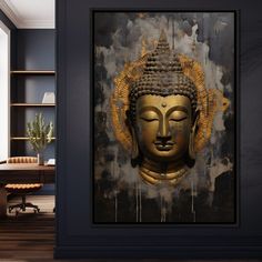 a golden buddha head on a black wall