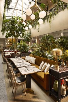 an indoor dining area with tables, chairs and potted plants on the ceiling above