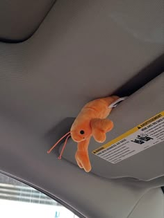 an orange stuffed animal hanging from the back of a car