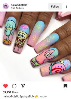 90s Cartoon Nails, Summer Disney Nails, Disney Character Nails, Cartoon Character Nails, Cartoon Nails Acrylic, 90s Cartoon Nails Acrylic