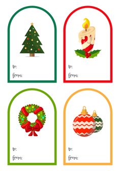 four christmas cards with different ornaments