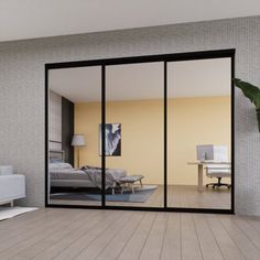 an empty room with sliding glass doors leading into the bedroom