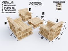 three wooden shelvings are shown with measurements