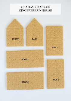 graham cracker gingerbread house cut out into six pieces and labeled on each side