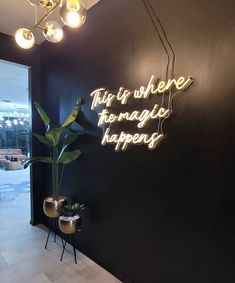 this is where the magic happens neon sign in front of a black wall with potted plants