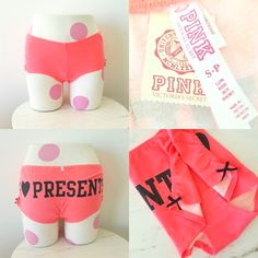 Rare, Brand New W/Tags V.S. Pink Vintage Boyshort Panty, "I Presents" In Bright Neon Pink-Orange With Black Letter Details...Price Is Firm!! Material: 94% Cotton, 6% Spandex Size: Small (Fits More Like A Medium In My Opinion) Low Rise Boyshort Part Of A Sold Out 2011 Collection - Collector's Item A True Collectors Item! Sexy Ruching On Sides With Delicate Black Bows! No Refunds Please No Trades Smoke Free/Pet Free Home Ships Next Day Except Weekends **************Price Is Firm!************* [Lim Stretch Pink Pants For Sleepover, Pink Boyshorts, Strawberry Soda, Black Bows, Cool Cosplay, Halloween Time, Pink Halloween, Pink Vintage, Black Letter