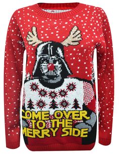 a red sweater with an image of darth vader on the front and text,'come over to the merry side '