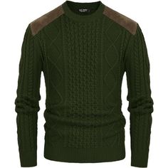 98%Acrylic, 2%Polyester, Soft Elastic Fabric And Thick Material, Warmth, Durability. Imported Pull On Closure Machine Wash Or Hand Wash Design - Men's Military Pullover Sweater With Crew Neck, Long Sleeve, Cable Knit, Ribbed Hem, Chunky Warm, Twist Knit, Regular Fit, Shoulders Suede Patchwork Design. Classic And Vintage Sweater Embodies High-Quality Texture. High Quality Sweater - This Vintage Warm Pullover Sweater Made From High-Quality Knit Fabric, Well Elastic, Soft Hand Touch, Comfortable An Green Wool Sweater With Textured Knit, Green Wool Textured Knit Sweater, Green Textured Wool Sweater, Cotton Cable Knit Long Sleeve Sweater, Green Crew Neck Polo Sweater, Winter Cotton Cable Knit Polo Sweater, Cable Knit Cotton Polo Sweater For Fall, Green Knit Sweater With Ribbed Cuffs, Fall Cotton Cable Knit Polo Sweater