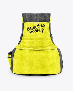 the bean bag is yellow and grey with black writing on it's front pocket