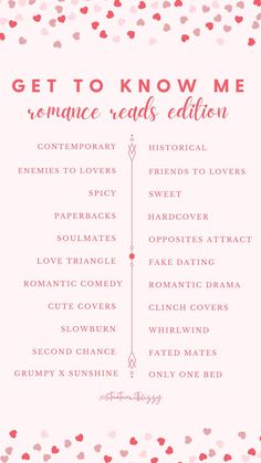 a pink and red valentine's day checklist with the words get to know me romance