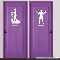 two purple doors with white silhouettes of men and women doing different things on them