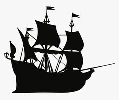 a black and white silhouette of a pirate ship with flags on it's sails