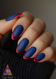 Navy Ombre Nails Dark Blue, Blue And Red Nails Ideas, Navy Blue And Black Nails, Blue And Red Nails Designs, Red And Blue Nails Design, Blue Red Nails, Nail Art Inspiration Creative, Red Blue Nails, Blue And Red Nails