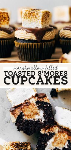 chocolate cupcakes with marshmallow filling and toasted s'mores on top