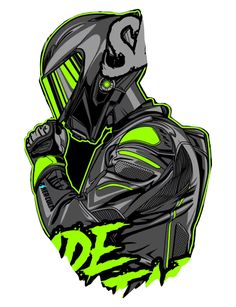 a drawing of a person wearing a motorcycle helmet and holding his hands behind his back