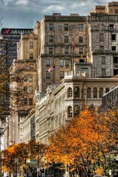 an old city with tall buildings and autumn trees