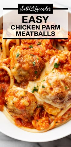 a plate of spaghetti and meatballs with text overlay that reads easy chicken parm meatballs Chicken Parmesean, Easy Baked Spaghetti Recipe, Chicken Parm Meatballs, Ground Chicken Meatballs, Chicken Parmesan Meatballs, Meatball Dinner, Parmesan Meatballs, Chicken Meatball Recipes