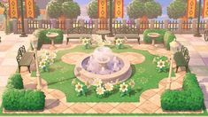 an animated image of a garden with benches and tables in the middle, surrounded by flowers