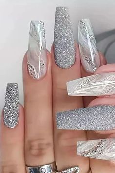 Coffin Gray Glitter Press on Nails Ballerina Acrylic Nails, Grain Design, Fancy Nails Designs, Nagel Tips, Coffin Press On Nails, Bling Nails