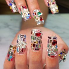 The nails of the century 😍 ✨️ #nanicuresunwrapped #nailartinspo #blingnails #junknails #tampanails #stpetenails #clearwaternails #gelxnails #trendynails 90’s Nail Designs, Junk Nails Bling, Oldies Nails, 2000s Nail Art, 90s Nail Designs, 90s Nail Art, Gel Manicure Designs, 90s Nails, Luv Nails