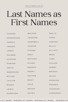 the ultimate list of last names as first names for each member in this book,