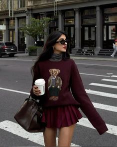 Holiday Sweater And Skirt Outfit, Outfits 2025 Trends, Fall Sweater And Skirt Outfit, Burgundy Holiday Outfit, Teddy Bear Sweater Outfit, Holiday Sweater Outfit, High Value Woman Aesthetic, Skirt Holiday Outfit, Burgundy Skirt Outfit