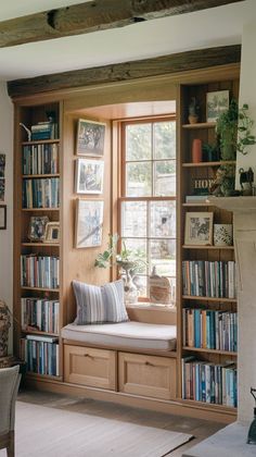 Built In Bookcase Under Window, Window Seat Between Bookcases, Window Seat With Shelving, Arched Built Ins Around Window, Built In Bench Bookshelves, Bookcase With Reading Nook, Window With Bookshelves On Each Side, Bookshelf By Window, Book Nook With Window