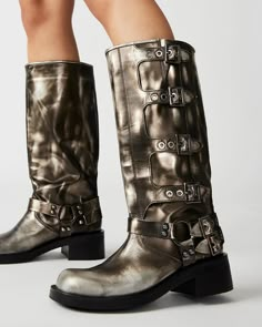 ROCKY Silver Distressed Knee High Boot | Women's Boots – Steve Madden Boots Steve Madden, Rocky Boots, Madden Boots, Football Game Outfit, Engineer Boots, Steve Madden Store, High Top Boots, Apparel Merchandising, An Engineer