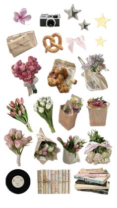 flowers, books, and other items are arranged on a white background with star shaped objects