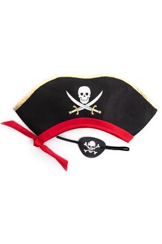 This Deluxe Pirate Hat & Eye Patch is perfect for your little one to take off on an adventure to fulfill their day dreams of being a pirate, sailing the high seas, and searching for long lost gold. One Size Fits Most Soft black felt hat with skull & crossbones screen print adhered on the front Accented with a gold and red trims Eye Patch Included Dress Ups & Accessories Sold Separately Black Felt Hat, Girls Hats, Adventure Hat, Pirate Hat, Pirate Flag, Skull Crossbones, Knitted Cape, Pirate Hats