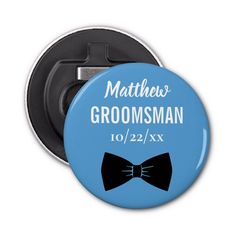 a blue button with a black bow tie on it that says, wedding grooms bachelor party