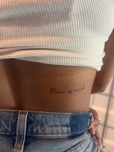 Tattoos, fine line tattoos, dainty tattoos, peace of mind, small word tattoos, tattoo , tattoo placement, dainty tattoo placement, back tattoo Tattoo Spots, Dainty Tattoos, Subtle Tattoos, Cursive Writing