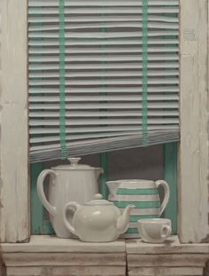 a painting of teapots and cups on a window sill in front of blinds