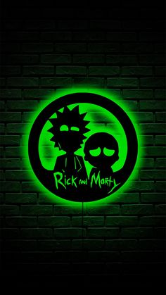 the logo for rick and mort on a brick wall with neon green light behind it