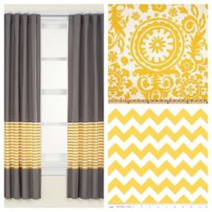 the curtains are yellow and gray with white designs on them, along with an image of a chevron pattern