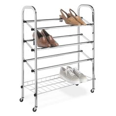 three tier shoe rack with two pairs of shoes