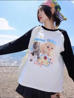 Cat Kitten Print Long Sleeve T-Shirt Pullover – Free From Label 2 Piece Skirt Set, E Girl, T Shirts Women, Shirts For Teens, Japan Style, Cardigan Sweater Jacket, Kawaii Cat, Crop Top Blouse, Boho Maxi Dress