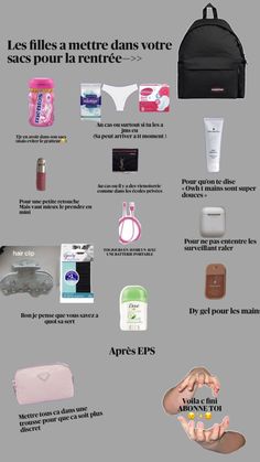 the contents of a woman's travel bag are shown in french, english and spanish