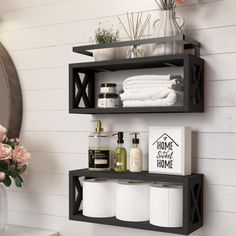 two shelves with towels, toiletries and other items