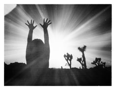 a person reaching up to the sky with their arms in the air and palm trees behind them