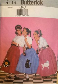 "Misses' costume flared skirt, lower calf, has waistband, side zipper, contrast applique variations and narrow hem.  Flared petticoat, lower calf, has elastic waist, yokes and attached ruffle.   Multi-size pattern (14-16-18) Bust 36\" - 40\" Waist 28\" - 32\" Hip 38\" - 42\" Poodle skirt with following applique options: Poodle Cat Record with musical notes Plain Pom poms Copyright 2001 Pattern cut to largest size" Poddle Skirt, Poodle Skirt 50s, Poodle Cat, 1950s Poodle Skirt, Poodle Skirt Costume, 50s Vibes, Skirt Costume, 60s 70s Fashion, Poodle Skirt