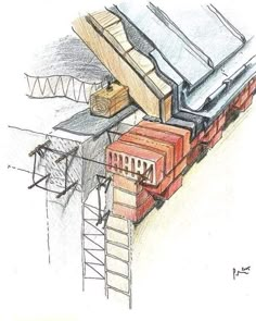 a drawing of a train station with its roof open