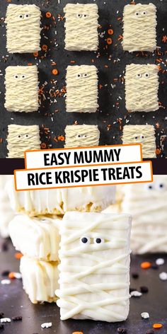 halloween treats made with rice krispies and sprinkles are displayed on a black surface