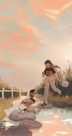 a painting of a girl and her dog by the water with rocks in front of them